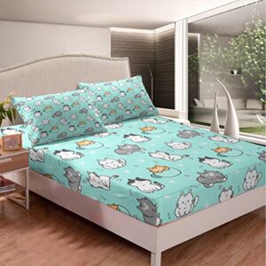 Erosebridal Kawaii Cats Bed Sheets Cartoon Animal Fitted Sheet Queen Size, Orange Gray Kitten Sheets Cute Pet Bedding, Teal Bed Cover Cat Lovers Gifts for Women Men, Microfiber 3pcs (Deep Pocket)