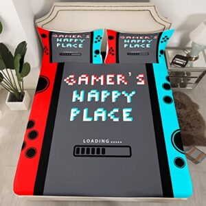 Gamer Sheet Set King Size Video Game Gamepad Bed Sheets Set Bedroom Novelty Modern Game Controller Decor Sheets with Deep Pocket Fitted Sheet Women Men Game Room Decor Bedding Set With 2 Pillow Case