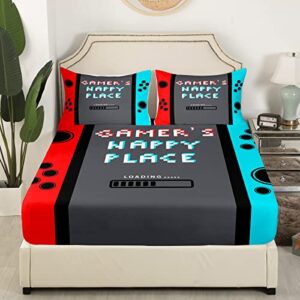 Gamer Sheet Set King Size Video Game Gamepad Bed Sheets Set Bedroom Novelty Modern Game Controller Decor Sheets with Deep Pocket Fitted Sheet Women Men Game Room Decor Bedding Set With 2 Pillow Case