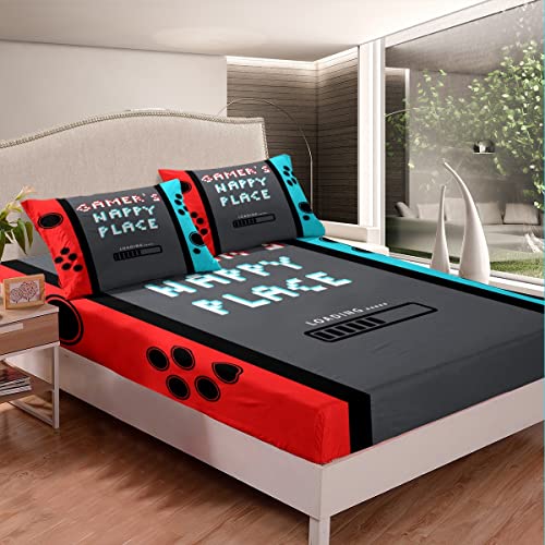 Gamer Sheet Set King Size Video Game Gamepad Bed Sheets Set Bedroom Novelty Modern Game Controller Decor Sheets with Deep Pocket Fitted Sheet Women Men Game Room Decor Bedding Set With 2 Pillow Case