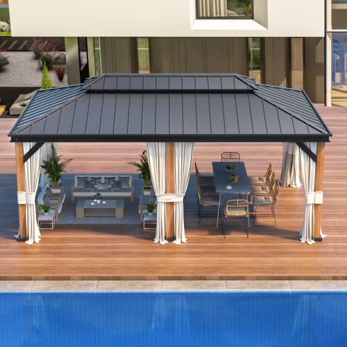 Erinnyees 12' x 20' Thickened Columns and Beams Hardtop Gazebo, Outdoor Wood Grain Frame Aluminum Gazebo, Galvanized Steel Double Roof with Netting and Curtains, for Garden, Patio, Lawns