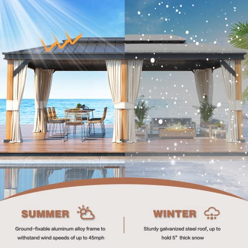 Erinnyees 12' x 20' Thickened Columns and Beams Hardtop Gazebo, Outdoor Wood Grain Frame Aluminum Gazebo, Galvanized Steel Double Roof with Netting and Curtains, for Garden, Patio, Lawns