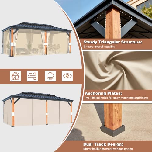 Erinnyees 12' x 20' Thickened Columns and Beams Hardtop Gazebo, Outdoor Wood Grain Frame Aluminum Gazebo, Galvanized Steel Double Roof with Netting and Curtains, for Garden, Patio, Lawns