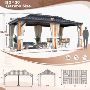 Erinnyees 12' x 20' Thickened Columns and Beams Hardtop Gazebo, Outdoor Wood Grain Frame Aluminum Gazebo, Galvanized Steel Double Roof with Netting and Curtains, for Garden, Patio, Lawns