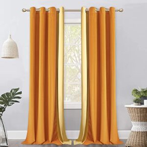 jyxiubs velvet curtains 95 inches long, velvet blackout curtains with color block room darkening window curtains for bedroom living room, 2 panels 52 x 95 inch, orange and camel