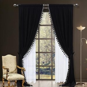jorseyscur luxurious blackout curtains for living room soft velvet pom pom curtains for bedroom,room darking window drapes,christmas decorative, rod pocket top,set of 2 panels，pure black (52w×84l)×2
