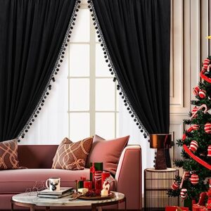 JORSEYSCUR Luxurious Blackout Curtains for Living Room Soft Velvet Pom Pom Curtains for Bedroom,Room Darking Window Drapes,Christmas Decorative, Rod Pocket Top,Set of 2 Panels，Pure Black (52W×84L)×2