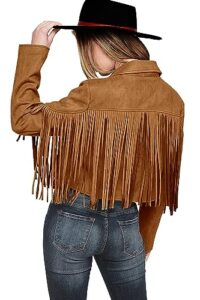 prettygarden women's fringe faux suede leather jackets 2023 fashion tassel motorcycle cropped coats (brown yellow,small)