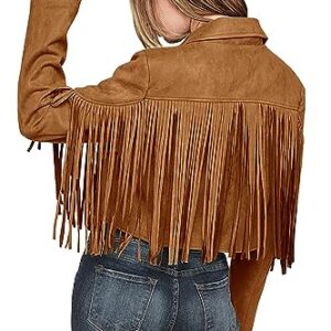 PRETTYGARDEN Women's Fringe Faux Suede Leather Jackets 2023 Fashion Tassel Motorcycle Cropped Coats (Brown Yellow,Small)