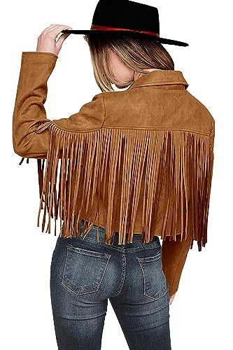 PRETTYGARDEN Women's Fringe Faux Suede Leather Jackets 2023 Fashion Tassel Motorcycle Cropped Coats (Brown Yellow,Small)