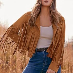 PRETTYGARDEN Women's Fringe Faux Suede Leather Jackets 2023 Fashion Tassel Motorcycle Cropped Coats (Brown Yellow,Small)