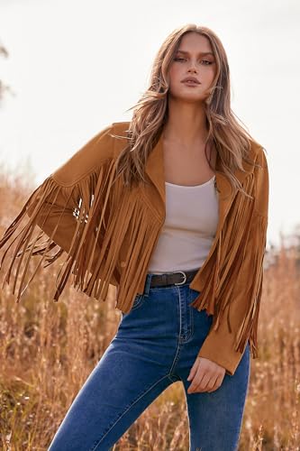 PRETTYGARDEN Women's Fringe Faux Suede Leather Jackets 2023 Fashion Tassel Motorcycle Cropped Coats (Brown Yellow,Small)