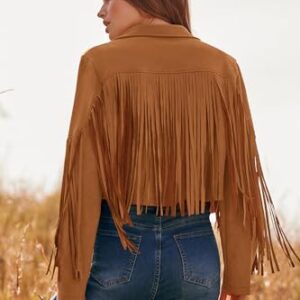 PRETTYGARDEN Women's Fringe Faux Suede Leather Jackets 2023 Fashion Tassel Motorcycle Cropped Coats (Brown Yellow,Small)