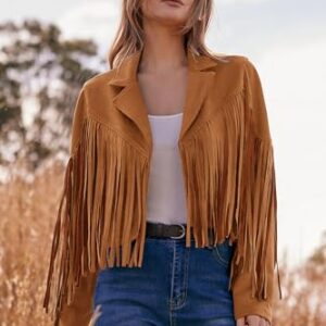 PRETTYGARDEN Women's Fringe Faux Suede Leather Jackets 2023 Fashion Tassel Motorcycle Cropped Coats (Brown Yellow,Small)