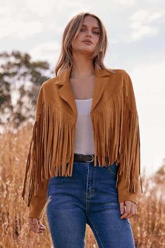 PRETTYGARDEN Women's Fringe Faux Suede Leather Jackets 2023 Fashion Tassel Motorcycle Cropped Coats (Brown Yellow,Small)