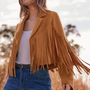 PRETTYGARDEN Women's Fringe Faux Suede Leather Jackets 2023 Fashion Tassel Motorcycle Cropped Coats (Brown Yellow,Small)