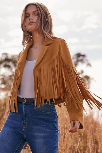 PRETTYGARDEN Women's Fringe Faux Suede Leather Jackets 2023 Fashion Tassel Motorcycle Cropped Coats (Brown Yellow,Small)