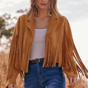 PRETTYGARDEN Women's Fringe Faux Suede Leather Jackets 2023 Fashion Tassel Motorcycle Cropped Coats (Brown Yellow,Small)