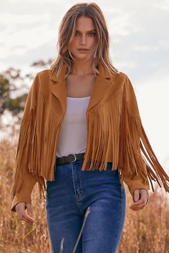 PRETTYGARDEN Women's Fringe Faux Suede Leather Jackets 2023 Fashion Tassel Motorcycle Cropped Coats (Brown Yellow,Small)