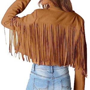 PRETTYGARDEN Women's Fringe Faux Suede Leather Jackets 2023 Fashion Tassel Motorcycle Cropped Coats (Brown Yellow,Small)