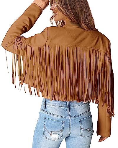 PRETTYGARDEN Women's Fringe Faux Suede Leather Jackets 2023 Fashion Tassel Motorcycle Cropped Coats (Brown Yellow,Small)