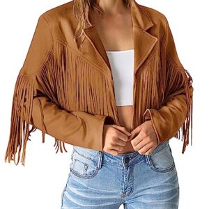PRETTYGARDEN Women's Fringe Faux Suede Leather Jackets 2023 Fashion Tassel Motorcycle Cropped Coats (Brown Yellow,Small)