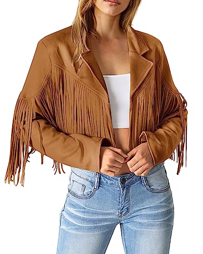 PRETTYGARDEN Women's Fringe Faux Suede Leather Jackets 2023 Fashion Tassel Motorcycle Cropped Coats (Brown Yellow,Small)