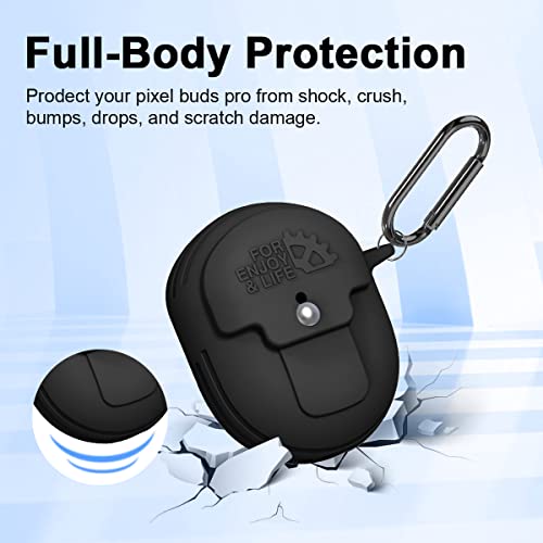 Case for Google Pixel Buds Pro 2022, Full-Body Shockproof Protective Case for Google Pixel Buds Pro Anti-Lost Carrying Portable Silicone Protective Case Cover with Carabiner and Lanyard (Black)
