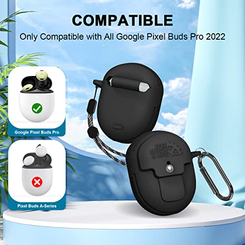 Case for Google Pixel Buds Pro 2022, Full-Body Shockproof Protective Case for Google Pixel Buds Pro Anti-Lost Carrying Portable Silicone Protective Case Cover with Carabiner and Lanyard (Black)