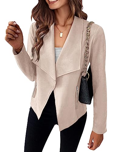 PRETTYGARDEN Women's Faux Suede Jackets 2023 Fall Clothes Long Sleeve Open Front Cropped Coat Outwear (Beige Apricot,Small)