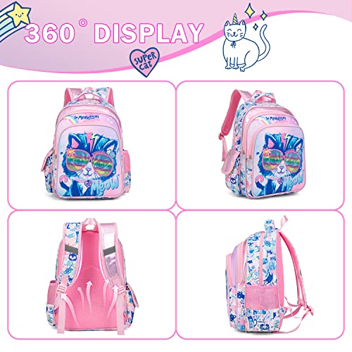 Robhomily Girls Backpack with Lunch Box for Elementary School Preschool Kindergarten,16 Inch Cute Cat Kids Backpack with Lunch Bags Sets for Girls,Pink School Backpack