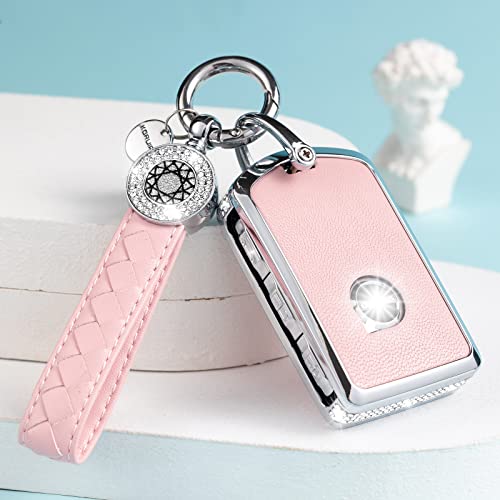 SHANGHONG Compatible with Volvo Key Fob Cover with Keychain Leather Crystal 360 Degree Protection Key Shell Case for Volvo XC90, XC60, XC40, S60, S90, V60, V90, Polestar 1, Polestar 2 (Pink)