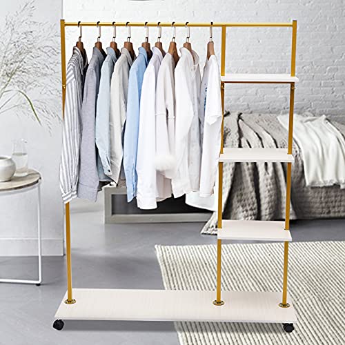 PIAOCAIYIN Garment Rack, Rolling Clothes Organizer with Wheels, Square Clothes Rack Display Holder, Gold Metal Storage Shelf, Portable Clothing Garment Rack for Home Store Wedding