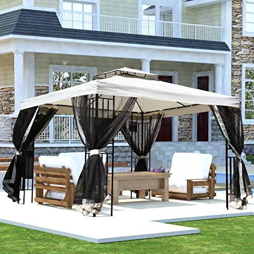 Yangming Gazebo 10X10 ft Outdoor Gazebos Clearance with Outside Mosquito Netting for Patio Deck Backyard Garden, Beige and Black