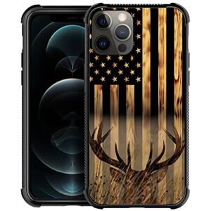 djsok case compatible with iphone 14 pro max, wood grain american flag buck hunter deer case for iphone 14 pro max cases for men women fans,anti scratch and shockproof phone protective case