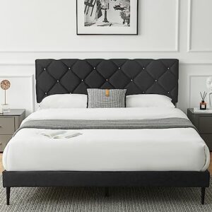 askmore full size bed frame,velvet upholstered platform with headboard and strong wooden slats,non-slip and noise-free,no box spring needed, easy assembly,black