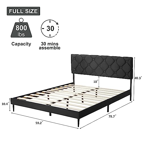 AsKmore Full Size Bed Frame,Velvet Upholstered Platform with Headboard and Strong Wooden Slats,Non-Slip and Noise-Free,No Box Spring Needed, Easy Assembly,Black