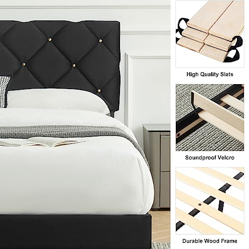 AsKmore Full Size Bed Frame,Velvet Upholstered Platform with Headboard and Strong Wooden Slats,Non-Slip and Noise-Free,No Box Spring Needed, Easy Assembly,Black