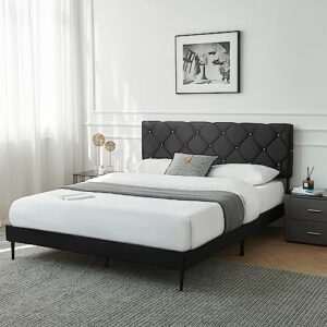 AsKmore Full Size Bed Frame,Velvet Upholstered Platform with Headboard and Strong Wooden Slats,Non-Slip and Noise-Free,No Box Spring Needed, Easy Assembly,Black