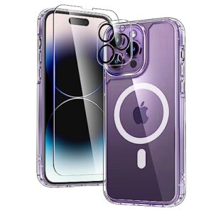 tauri 5 in 1 magnetic for iphone 14 pro case, [designed for magsafe] with 2x screen protectors +2x camera lens protectors, [not-yellowing] shockproof slim phone case for iphone 14 pro, clear