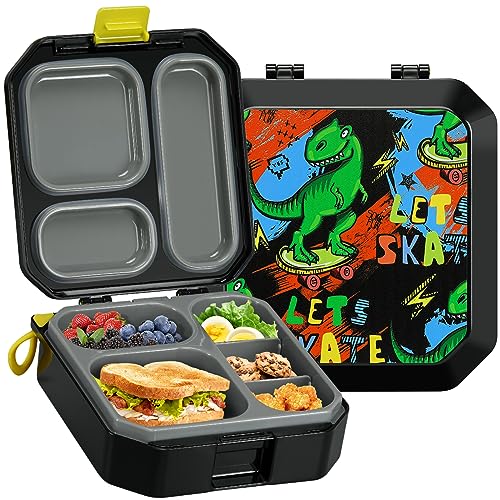 Itslife Bento Lunch Box for Kids, 3-5 Compartment with Leak Proof, 35oz Lunch Containers for Toddler, Dishwasher Safe, BPA Free, Ideal Portion 10 Designs for Kids School Gift (Black Dinosaur)