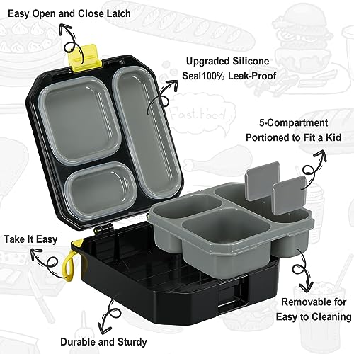 Itslife Bento Lunch Box for Kids, 3-5 Compartment with Leak Proof, 35oz Lunch Containers for Toddler, Dishwasher Safe, BPA Free, Ideal Portion 10 Designs for Kids School Gift (Black Dinosaur)