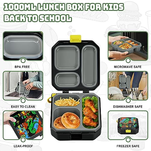 Itslife Bento Lunch Box for Kids, 3-5 Compartment with Leak Proof, 35oz Lunch Containers for Toddler, Dishwasher Safe, BPA Free, Ideal Portion 10 Designs for Kids School Gift (Black Dinosaur)