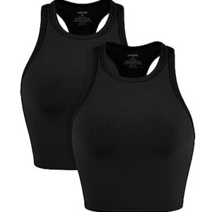 ODODOS Women's Crop 2-Pack Racerback High Neck Ribbed Cropped Tank Tops, Black+Black, Small