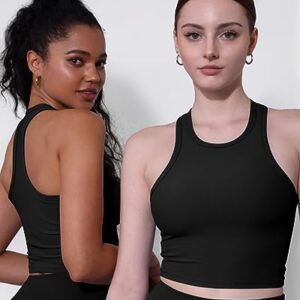ODODOS Women's Crop 2-Pack Racerback High Neck Ribbed Cropped Tank Tops, Black+Black, Small