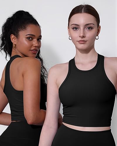 ODODOS Women's Crop 2-Pack Racerback High Neck Ribbed Cropped Tank Tops, Black+Black, Small