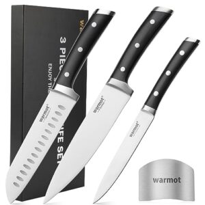 warmot professional kitchen knife set, 3 pcs chef knife set sharp knives sets for kitchen high carbon stainless steel, cooking knife triple riveted handle with finger protectors with gift box