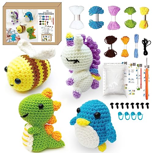 TGIQROVE Crochet Kit for Beginners, 4Pcs Animal Crochet Kit for Adults Include Videos Tutorials, Yarn, Eyes, Stuffing, Crochet Hook, Instructions, Kids Boys Girls Birthday Gifts