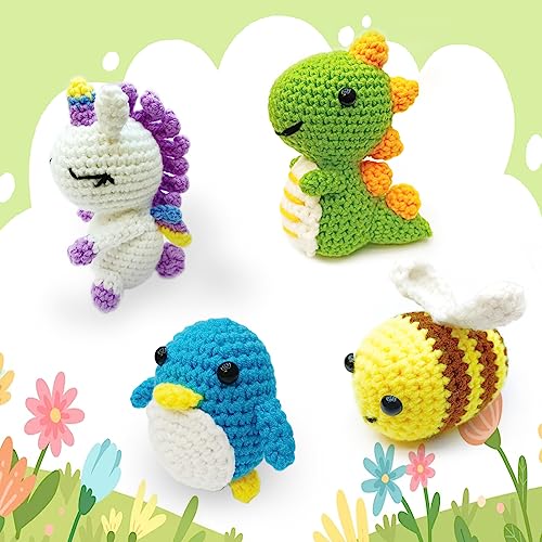 TGIQROVE Crochet Kit for Beginners, 4Pcs Animal Crochet Kit for Adults Include Videos Tutorials, Yarn, Eyes, Stuffing, Crochet Hook, Instructions, Kids Boys Girls Birthday Gifts