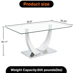 63" Glass Dining Table for 4 to 6 People, Modern Minimalist Kitchen Table with Tempered Glass Tabletop and Metal Base, Large Rectangle Dining Room Table for Kitchen Dining Living Meeting Room